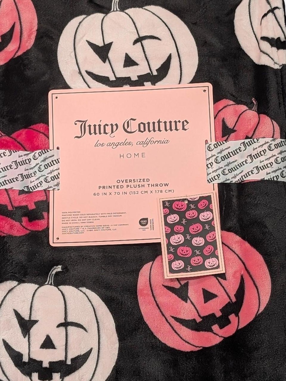 Juicy Couture Black Plush Throw with Pink & Cream Pumpkin Print